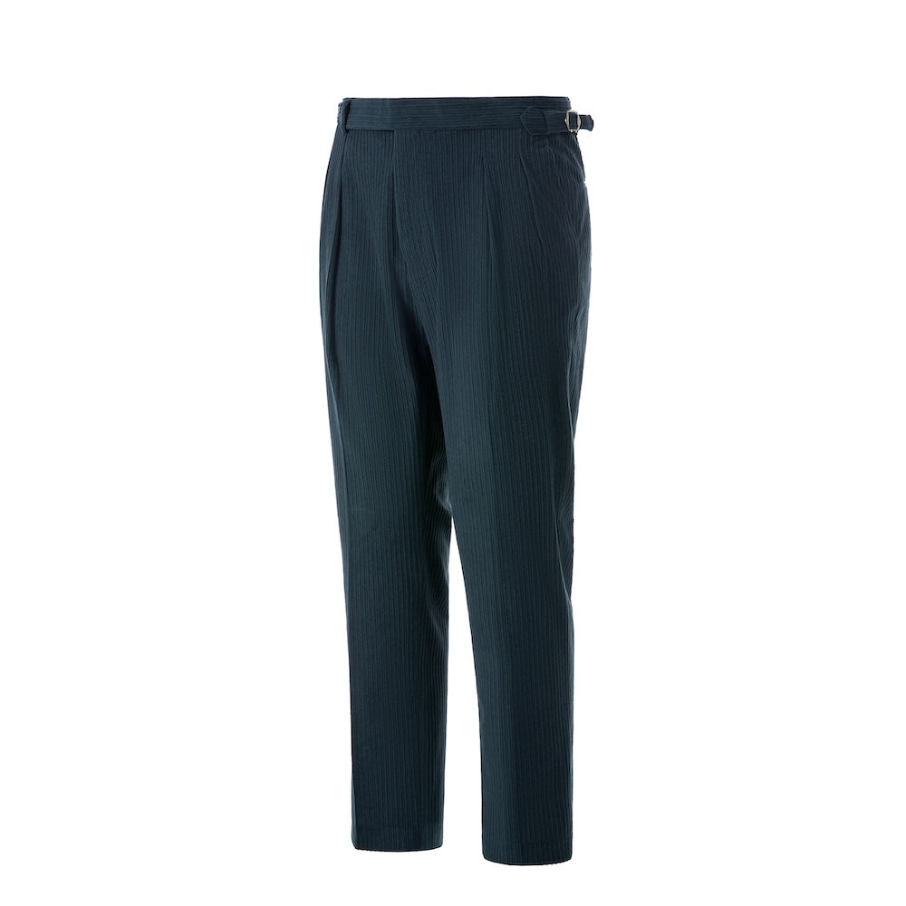 Side view of dark blue corduroy pants – tailored leg and winter style finish