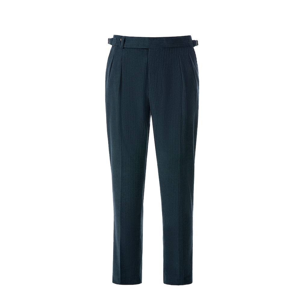 Front view of men's dark blue corduroy trousers – slim fit winter pants design
