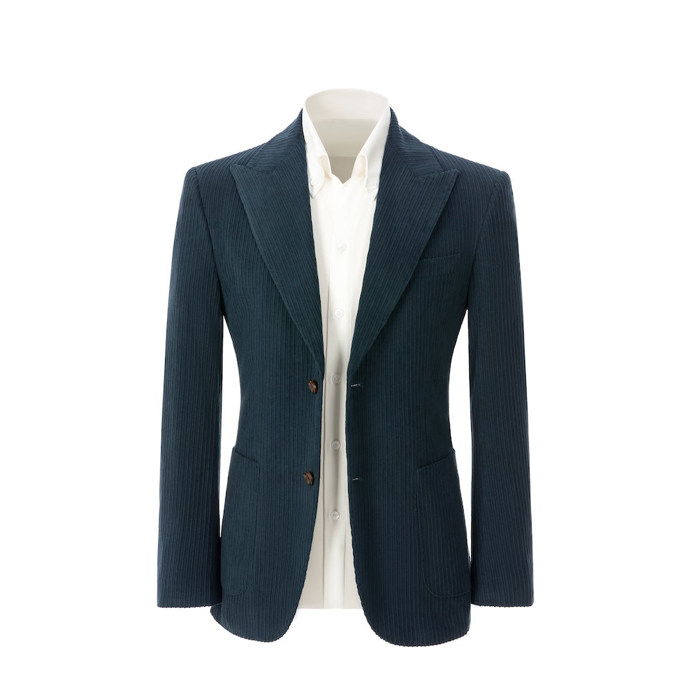 Men's dark blue corduroy blazer front view – double breasted winter 2 piece suit