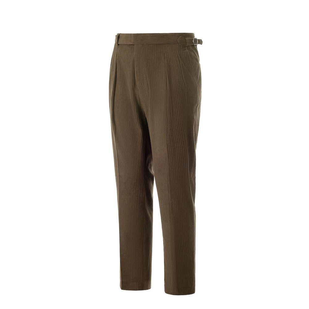Side view of dark brown corduroy pants – tailored leg and winter style finish