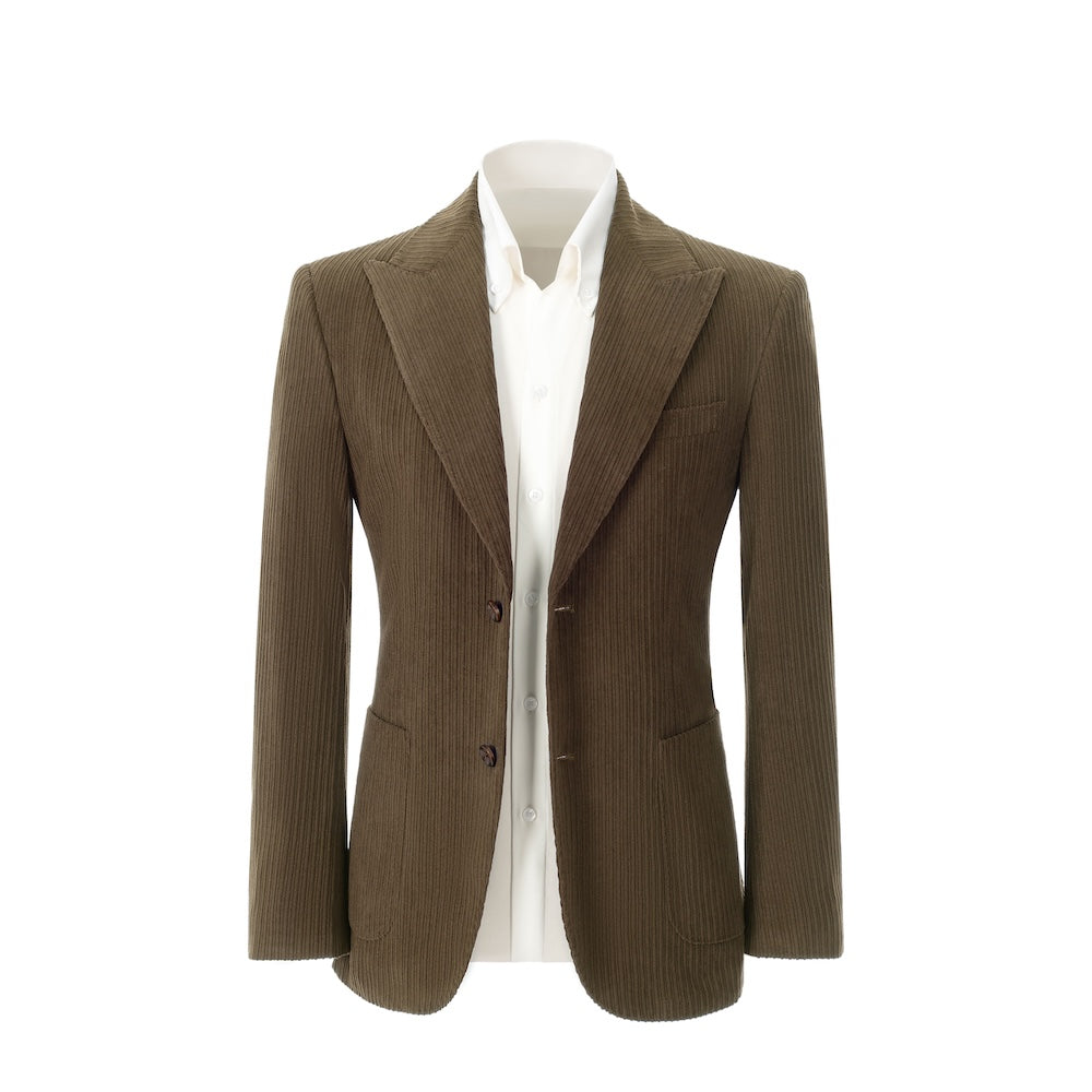 Men's dark brown corduroy blazer front view – double breasted winter 2 piece suit