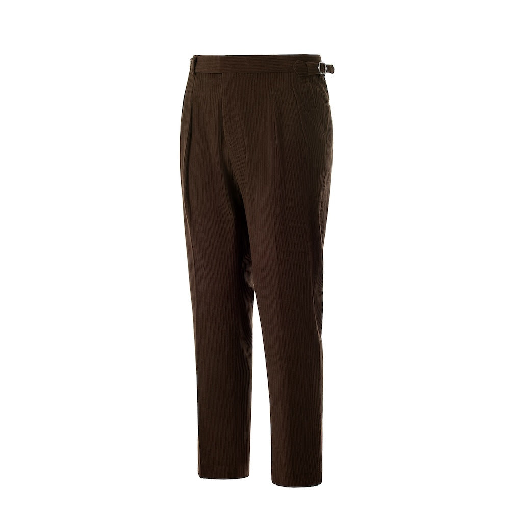 Side view of dark coffee corduroy pants – tailored leg and winter style finish