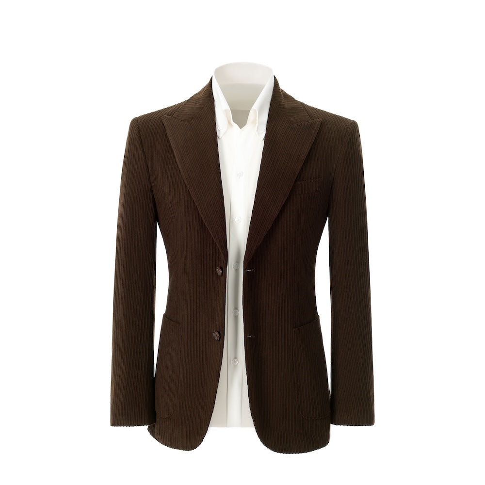 Men's dark coffee corduroy blazer front view – double breasted winter 2 piece suit