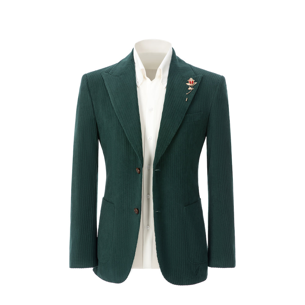 Men's dark green corduroy blazer front view – double breasted winter 2 piece suit