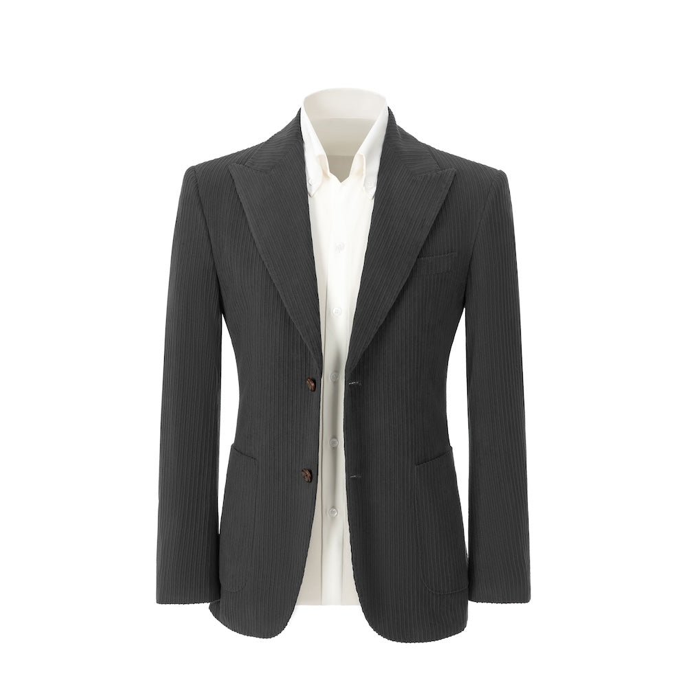 Men's dark grey corduroy blazer front view – double breasted winter 2 piece suit