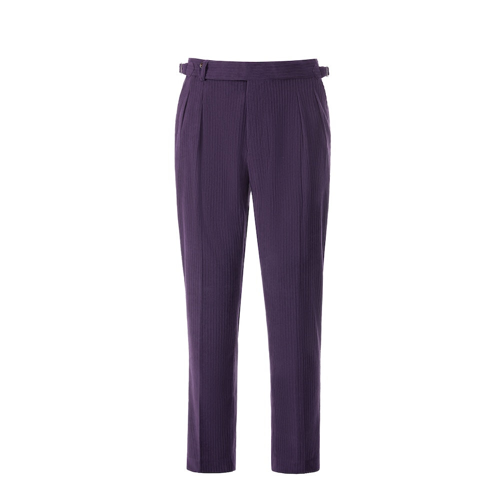 Front view of men's dark purple corduroy trousers – slim fit winter pants design