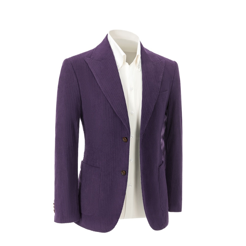 Right side view of dark purple corduroy blazer – winter 2 piece suit jacket style