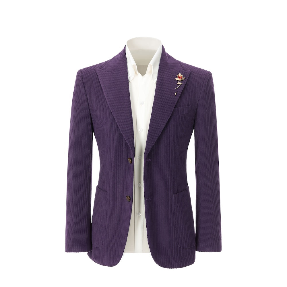Men's dark purple corduroy blazer front view – double breasted winter 2 piece suit