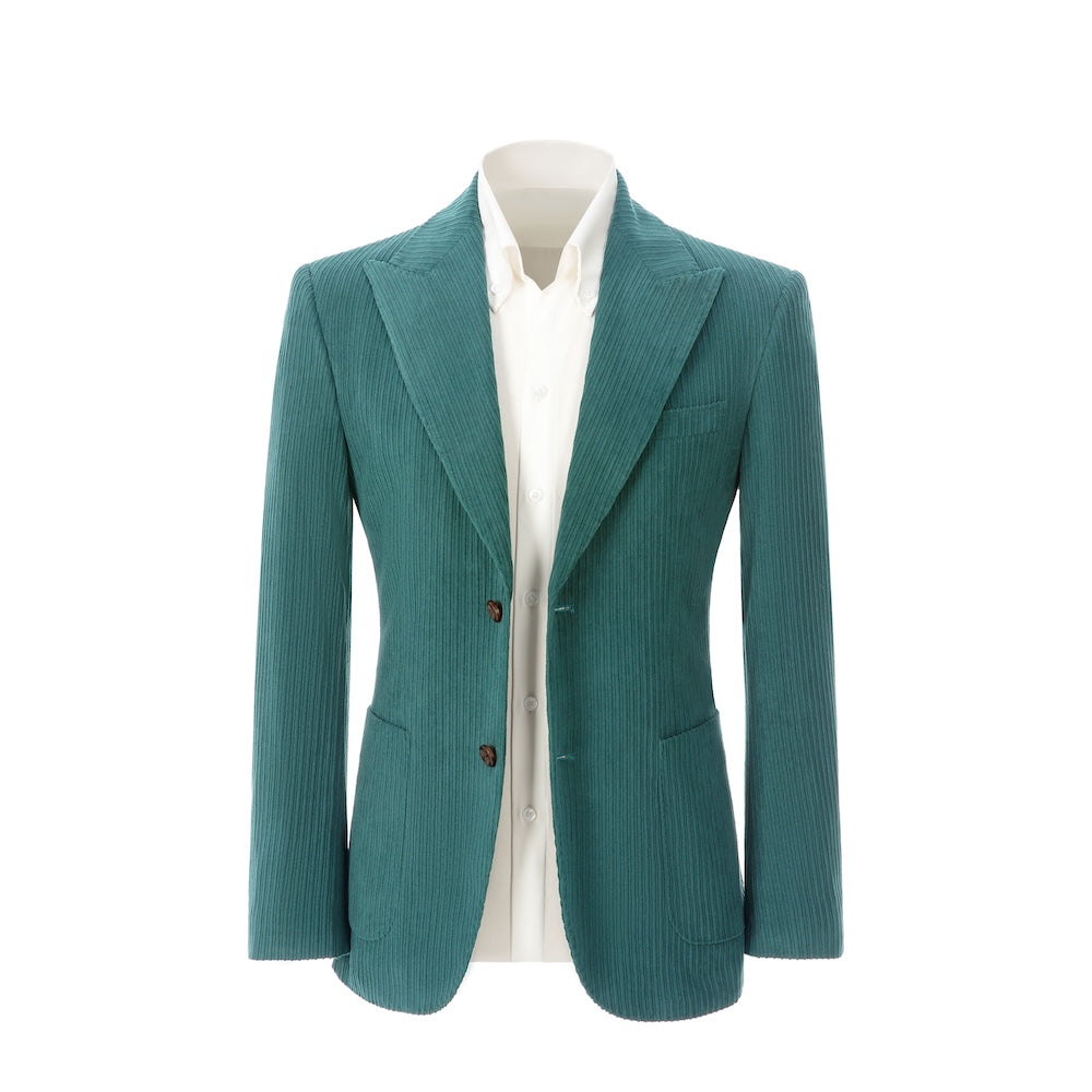 Men's fruit green corduroy blazer front view – double breasted winter 2 piece suit