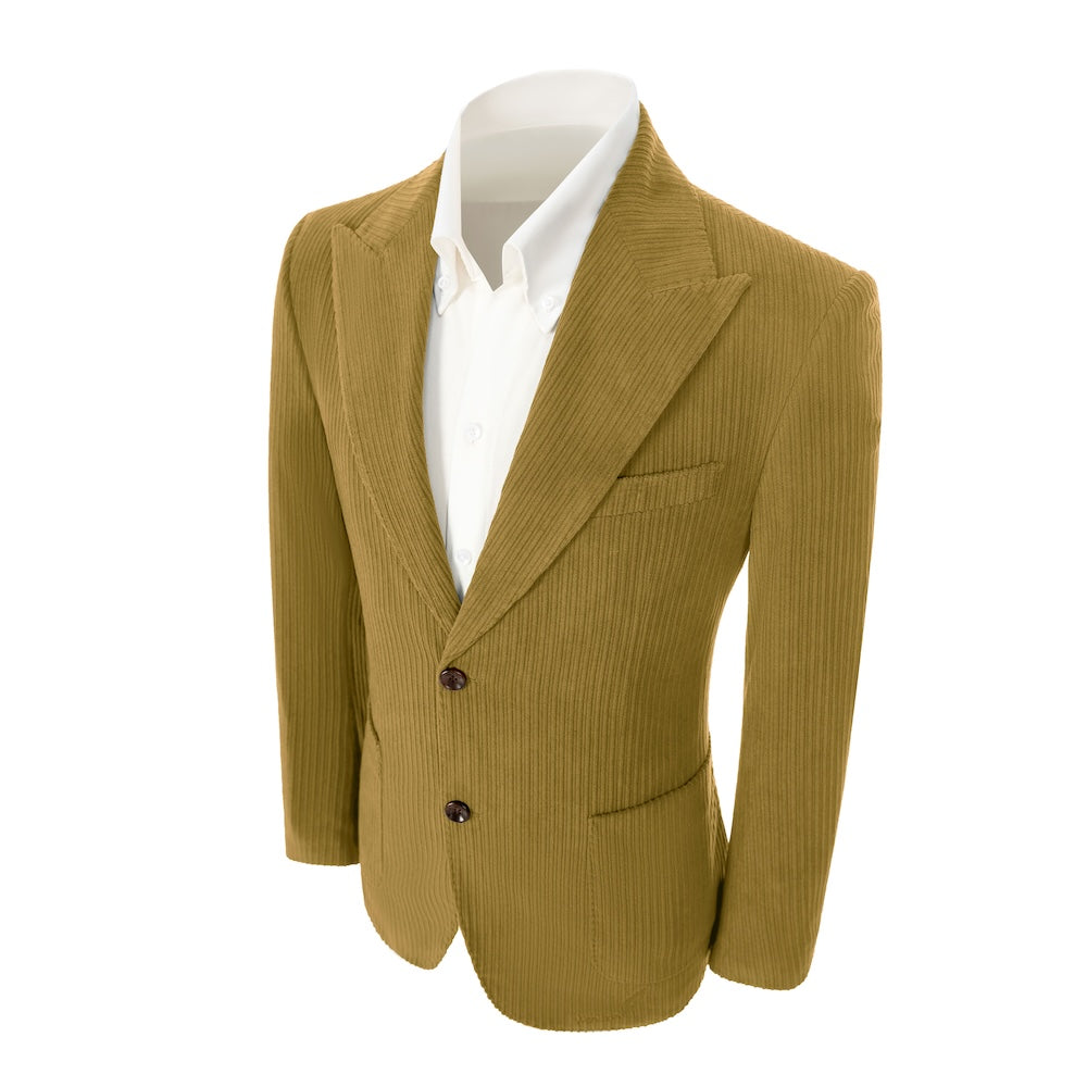 Left side of men's green corduroy blazer – classic peak lapel and tailored fit