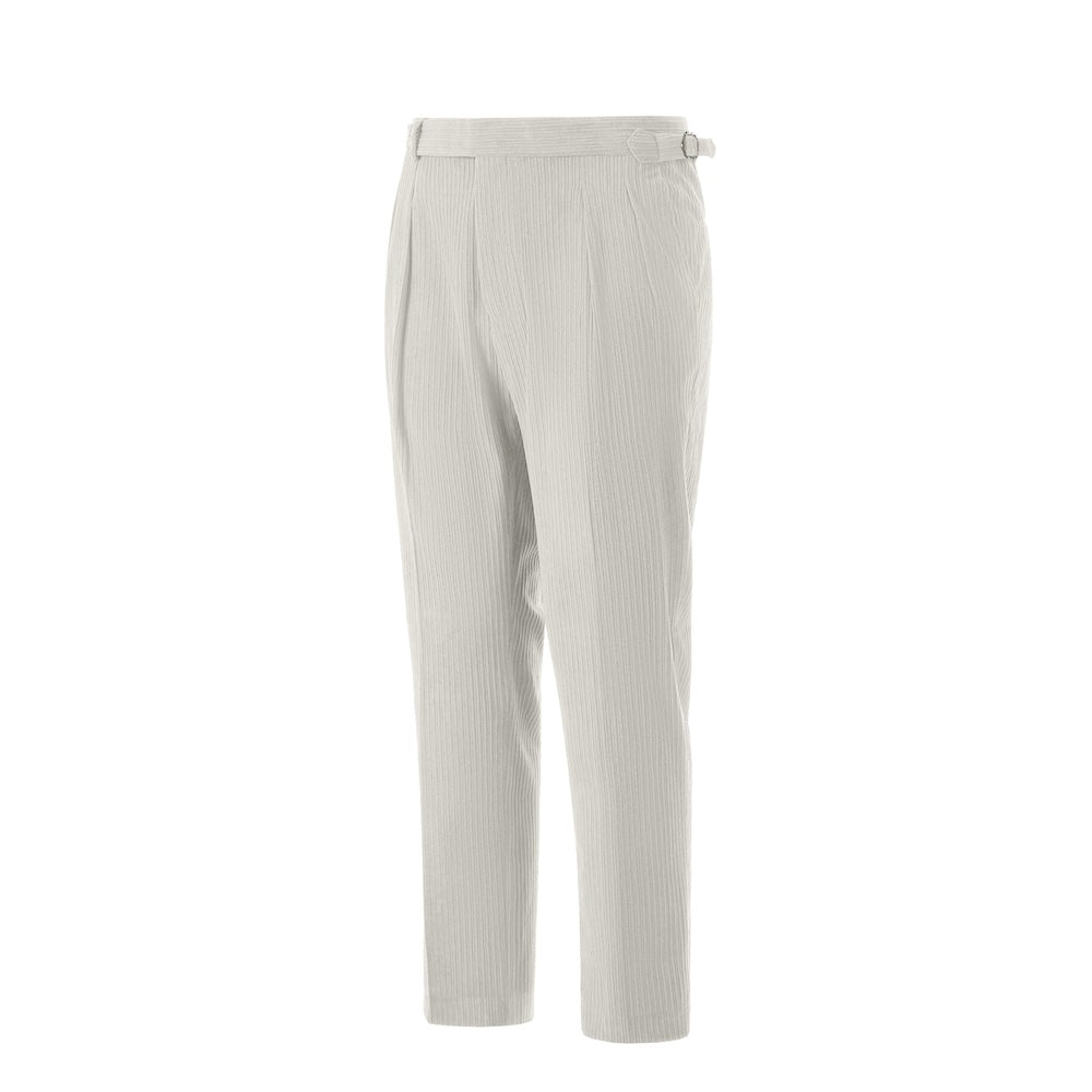 Side view of grey corduroy pants – tailored leg and winter style finish