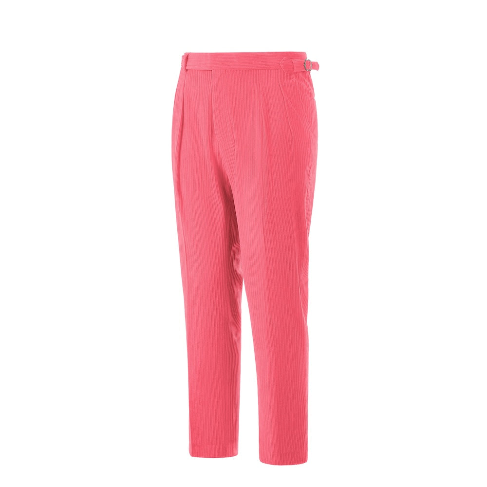 Side view of hot pink corduroy pants – tailored leg and winter style finish
