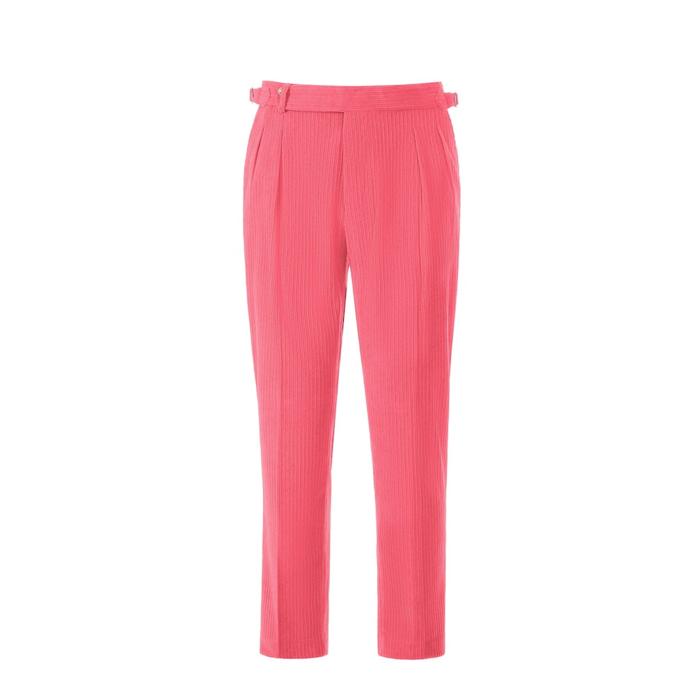 Front view of men's hot pink corduroy trousers – slim fit winter pants design