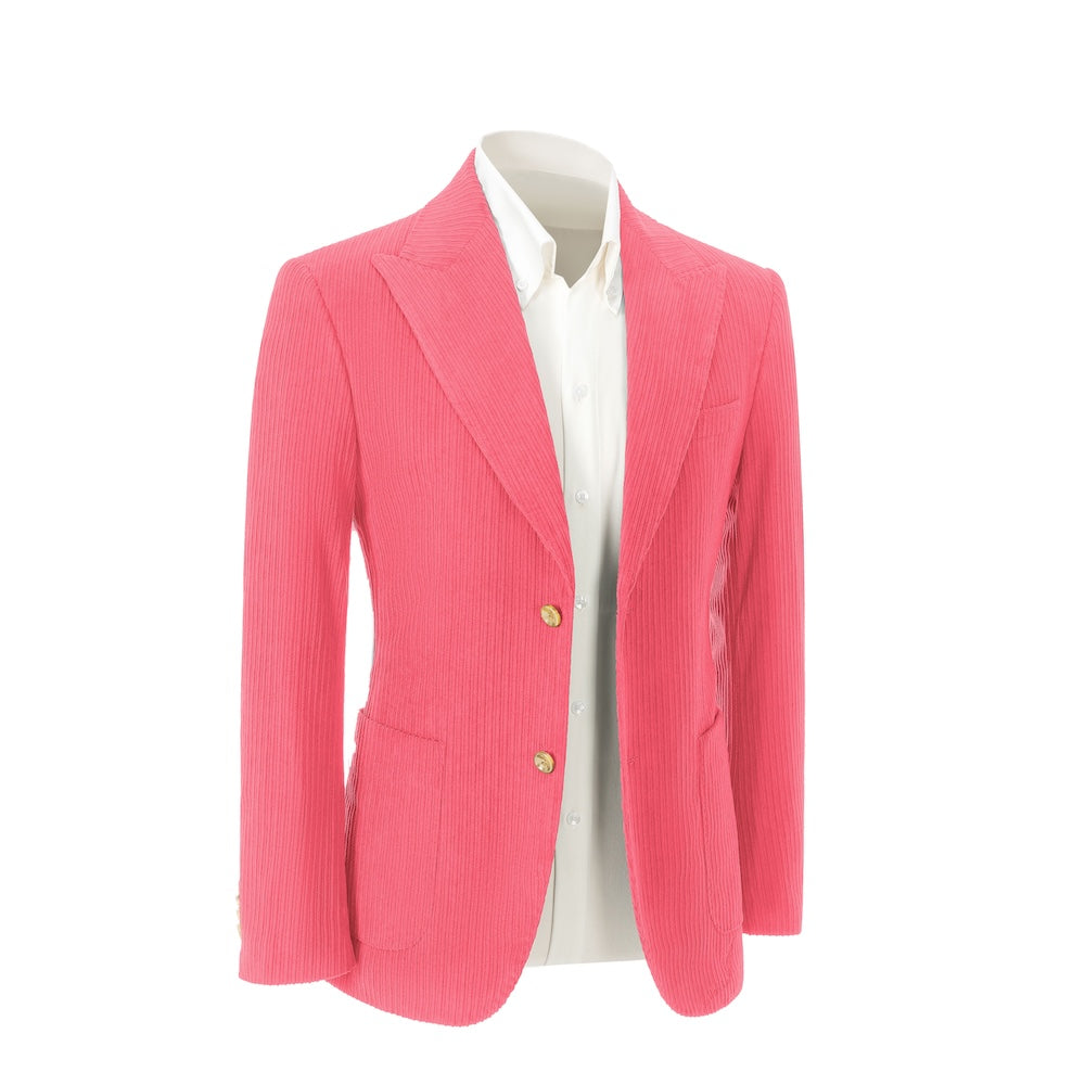 Right side view of hot pink corduroy blazer – winter 2 piece suit jacket style