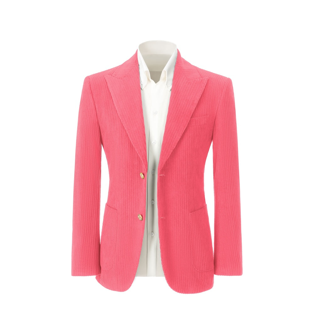 Men's hot pink corduroy blazer front view – double breasted winter 2 piece suit