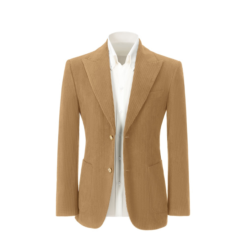 Men's khaki corduroy blazer front view – double breasted winter 2 piece suit
