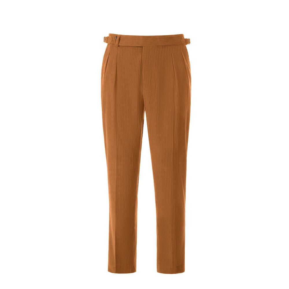 Front view of men's khaki yellow corduroy trousers – slim fit winter pants design