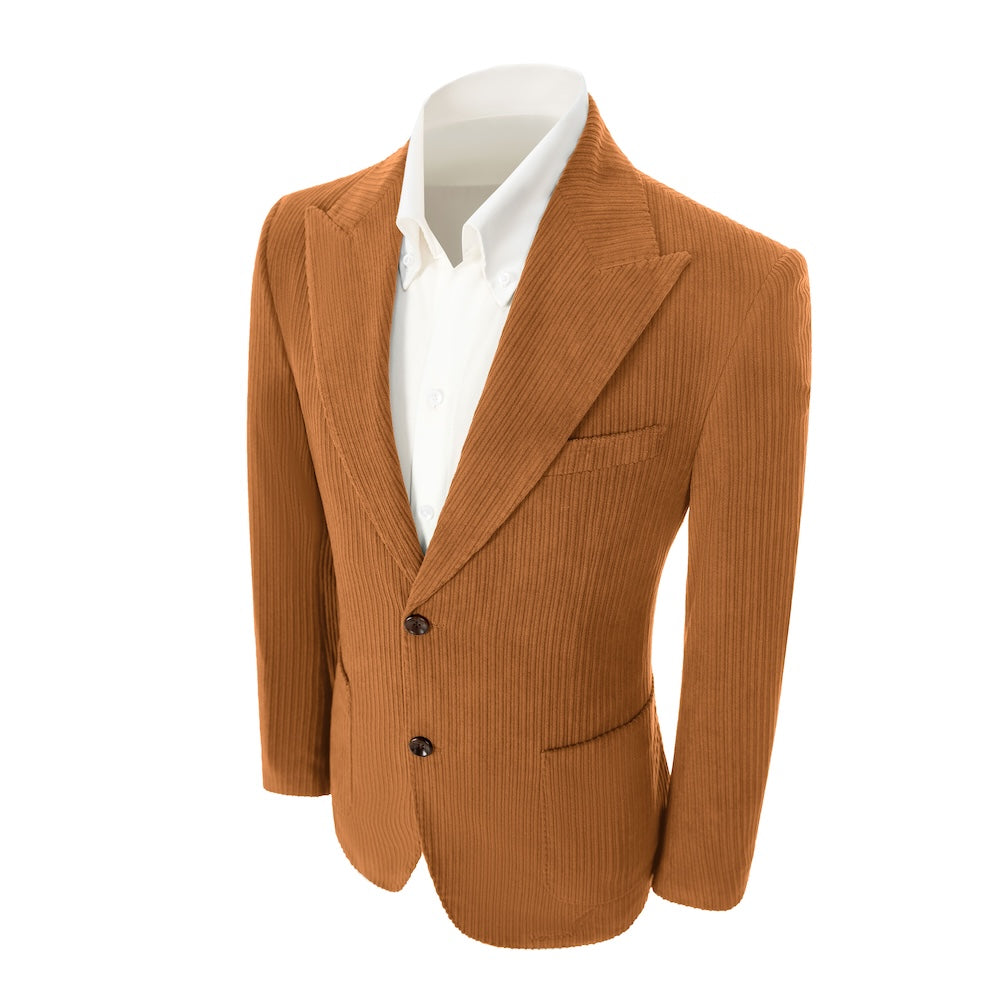 Left side of men's khaki yellow corduroy blazer – classic peak lapel and tailored fit