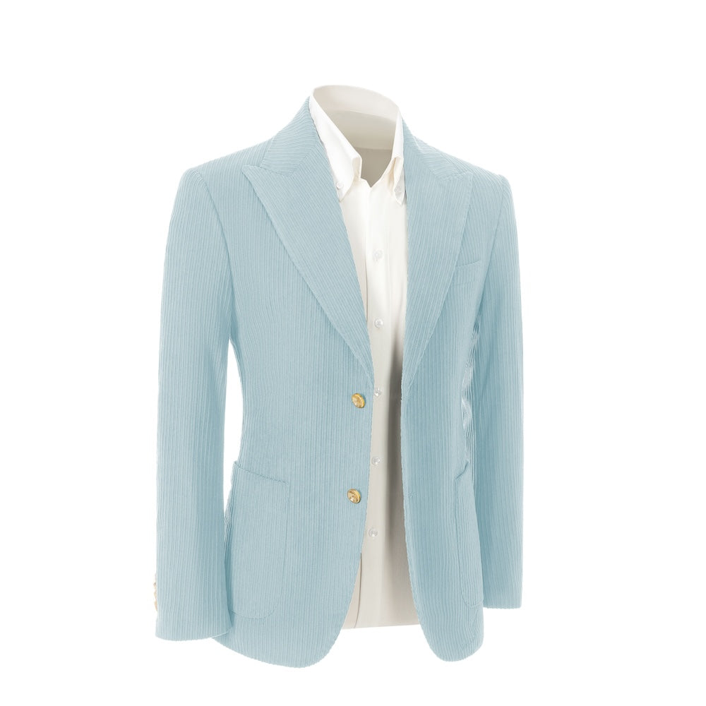 Right side view of light blue corduroy blazer – winter 2 piece suit jacket style