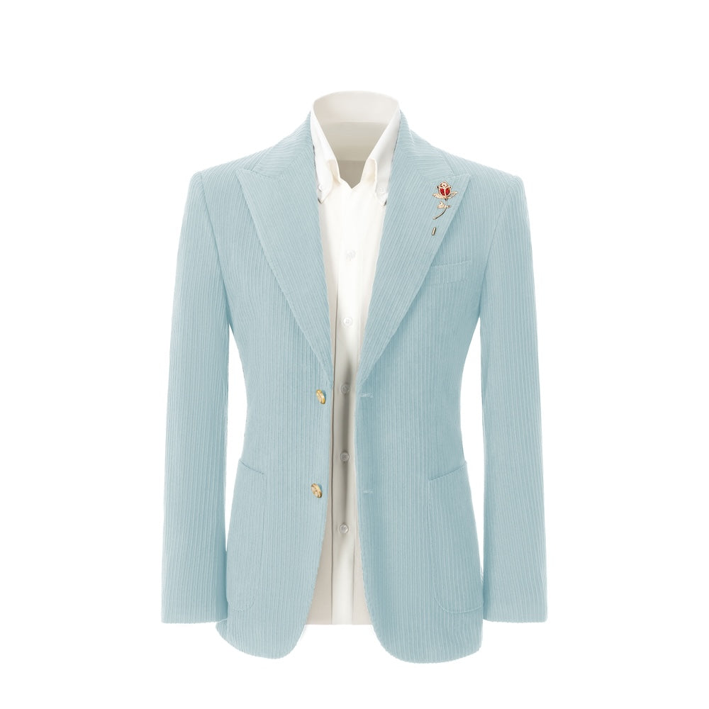 Men's light blue corduroy blazer front view – double breasted winter 2 piece suit