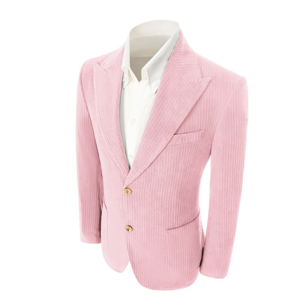 Left side of men's light pink corduroy blazer – classic peak lapel and tailored fit