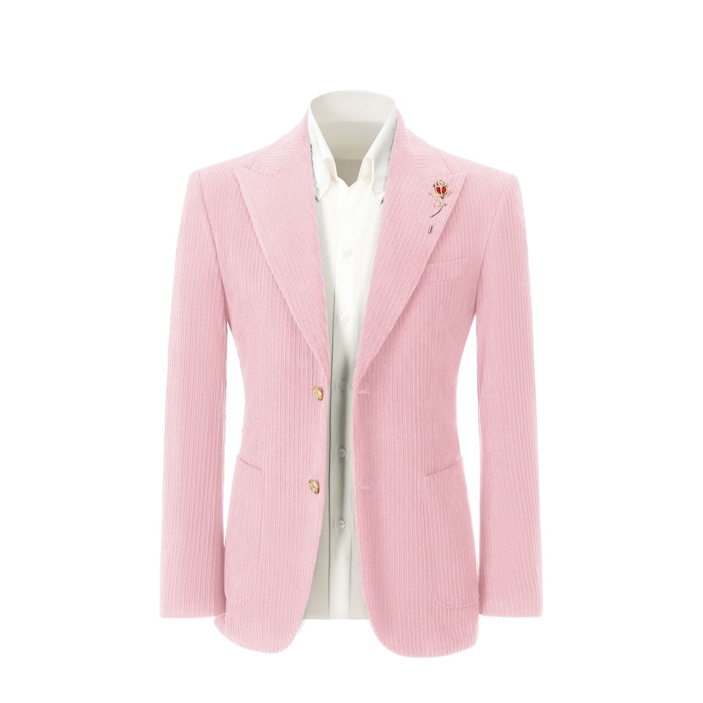 Men's light pink corduroy blazer front view – double breasted winter 2 piece suit