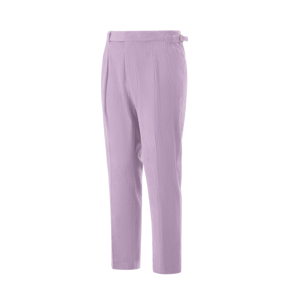 Side view of light purple corduroy pants – tailored leg and winter style finish