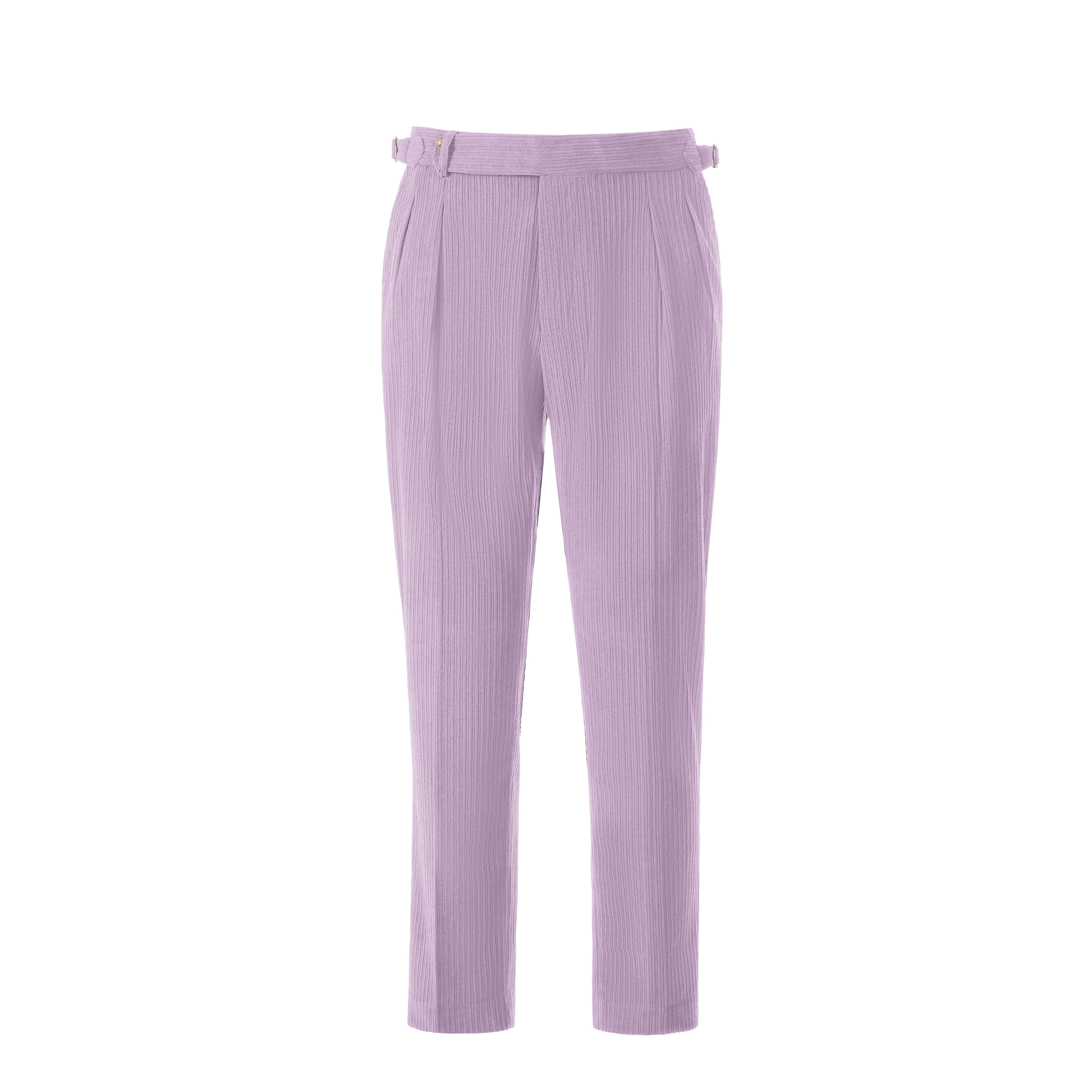 Front view of men's light purple corduroy trousers – slim fit winter pants design
