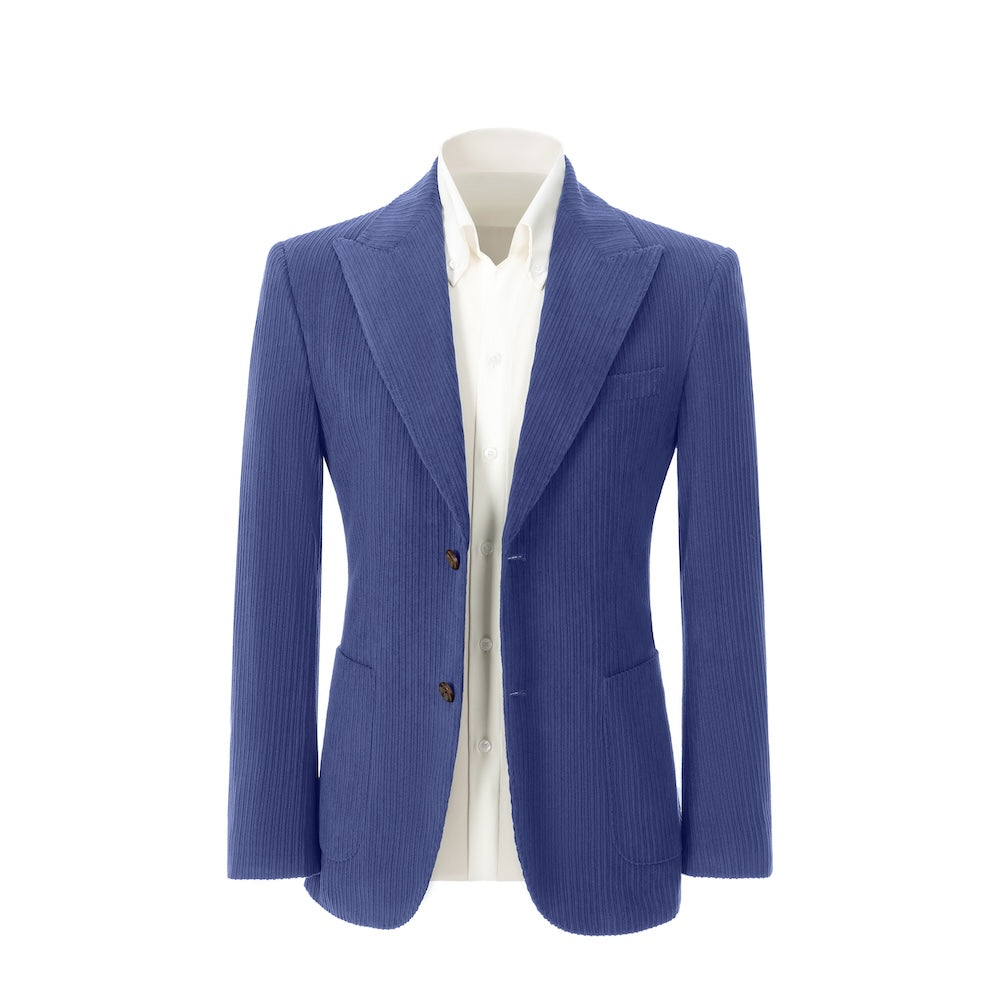 Men's light royal blue corduroy blazer front view – double breasted winter 2 piece suit