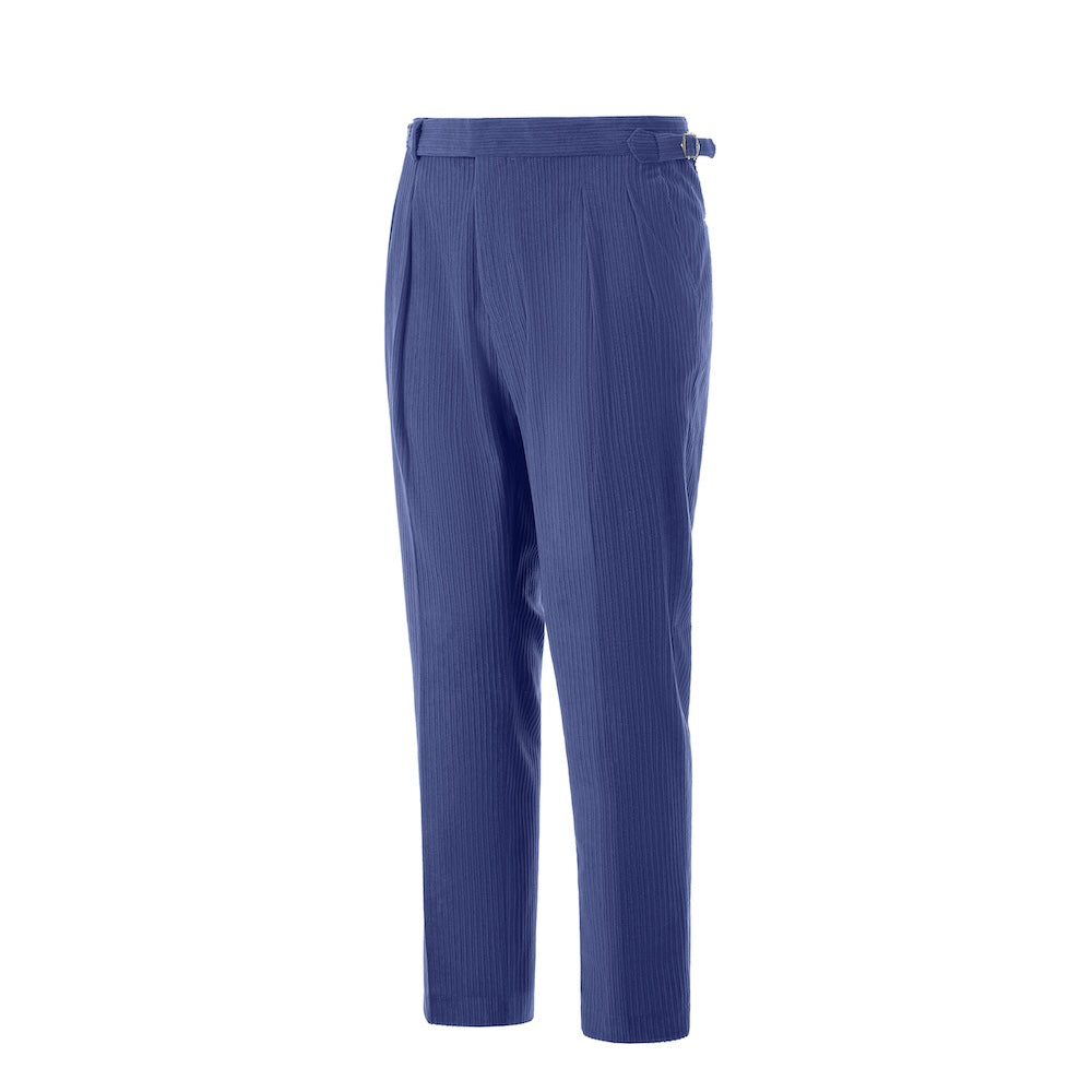 Side view of light royal blue corduroy pants – tailored leg and winter style finish