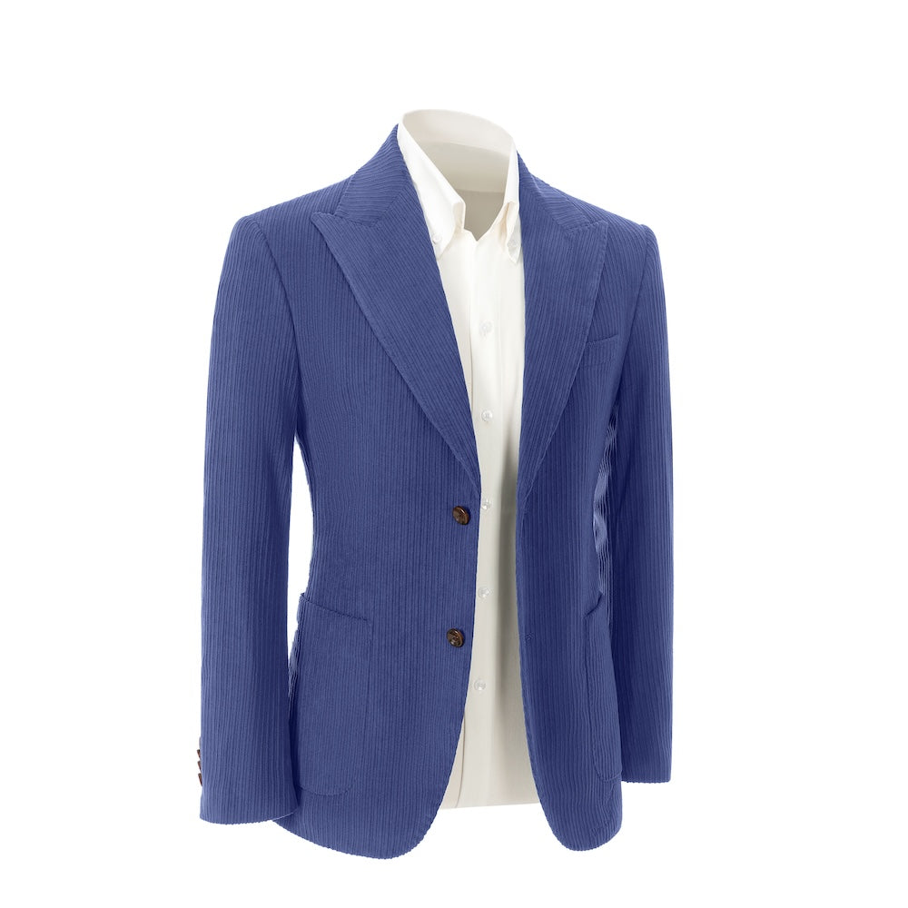 Right side view of light royal blue corduroy blazer – winter 2 piece suit jacket style