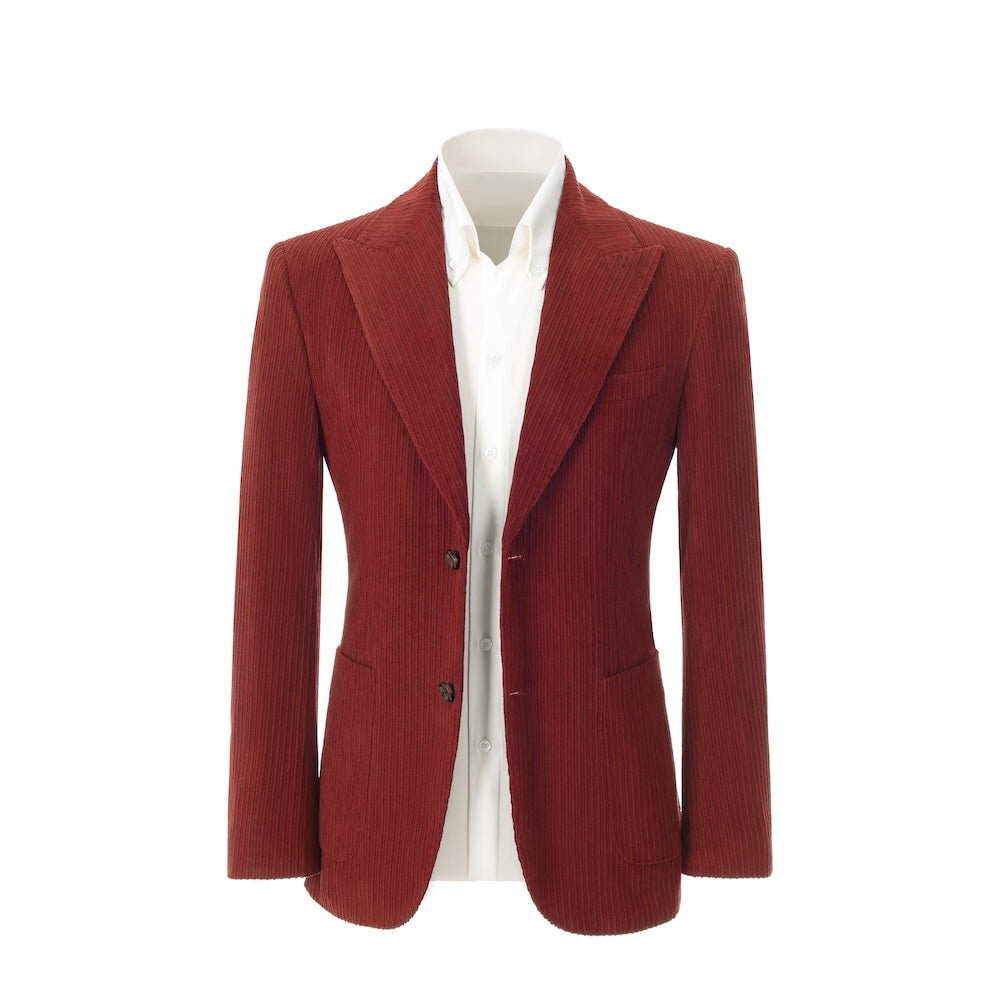Men's light wine red corduroy blazer front view – double breasted winter 2 piece suit