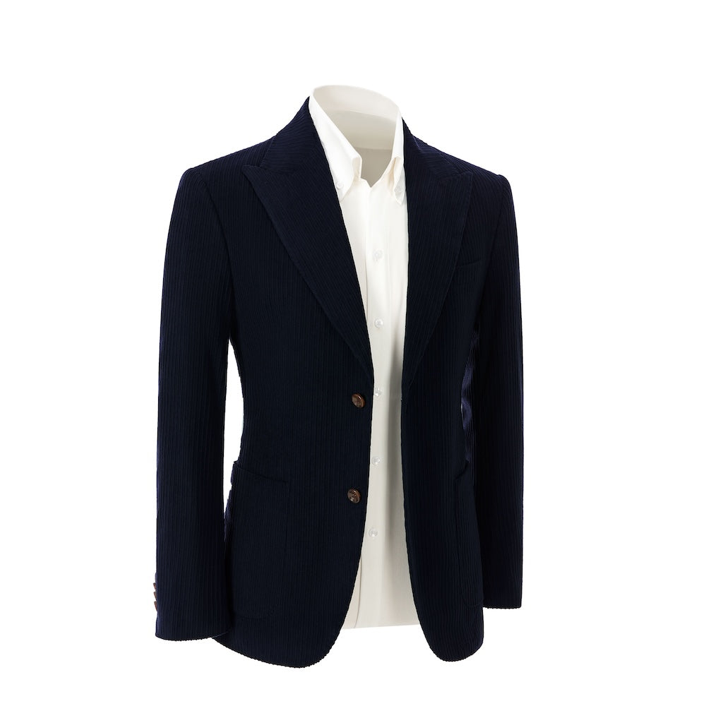 Right side view of navy blue corduroy blazer – winter 2 piece suit jacket style