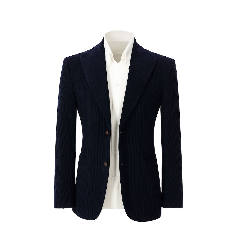 Men's navy blue corduroy blazer front view – double breasted winter 2 piece suit
