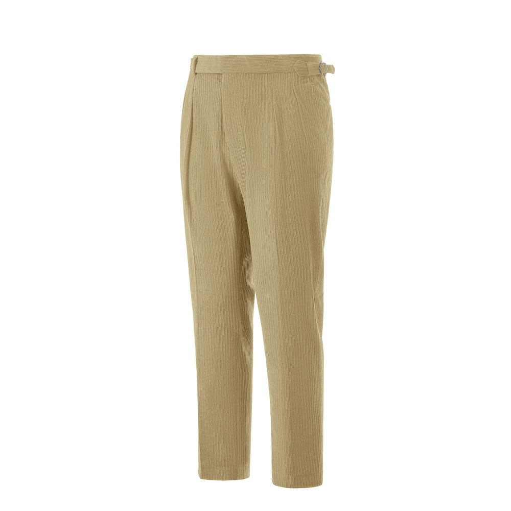 Side view of oatmeal corduroy pants – tailored leg and winter style finish