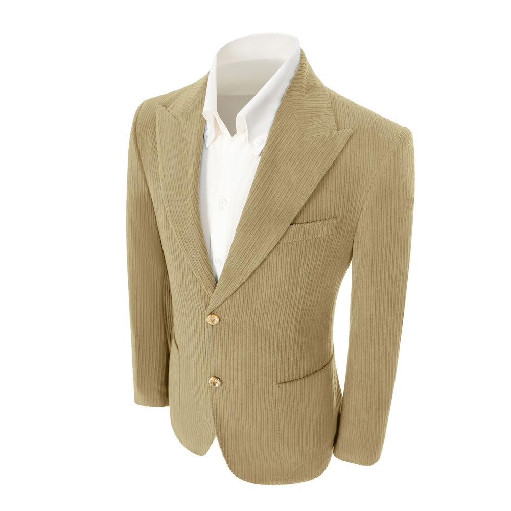 Left side of men's oatmeal corduroy blazer – classic peak lapel and tailored fit