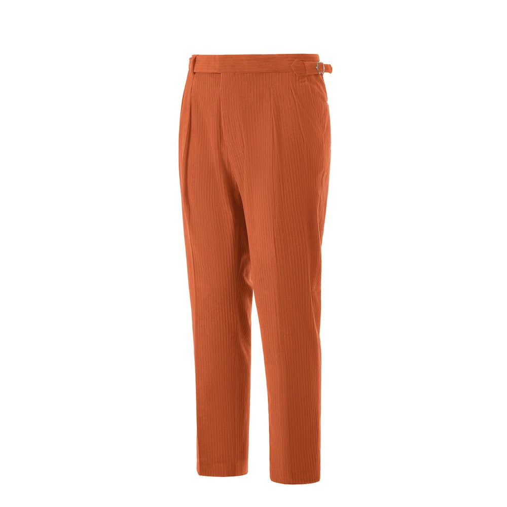 Side view of orange corduroy pants – tailored leg and winter style finish