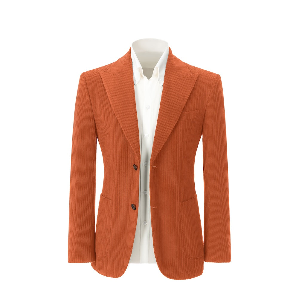 Men's orange corduroy blazer front view – double breasted winter 2 piece suit