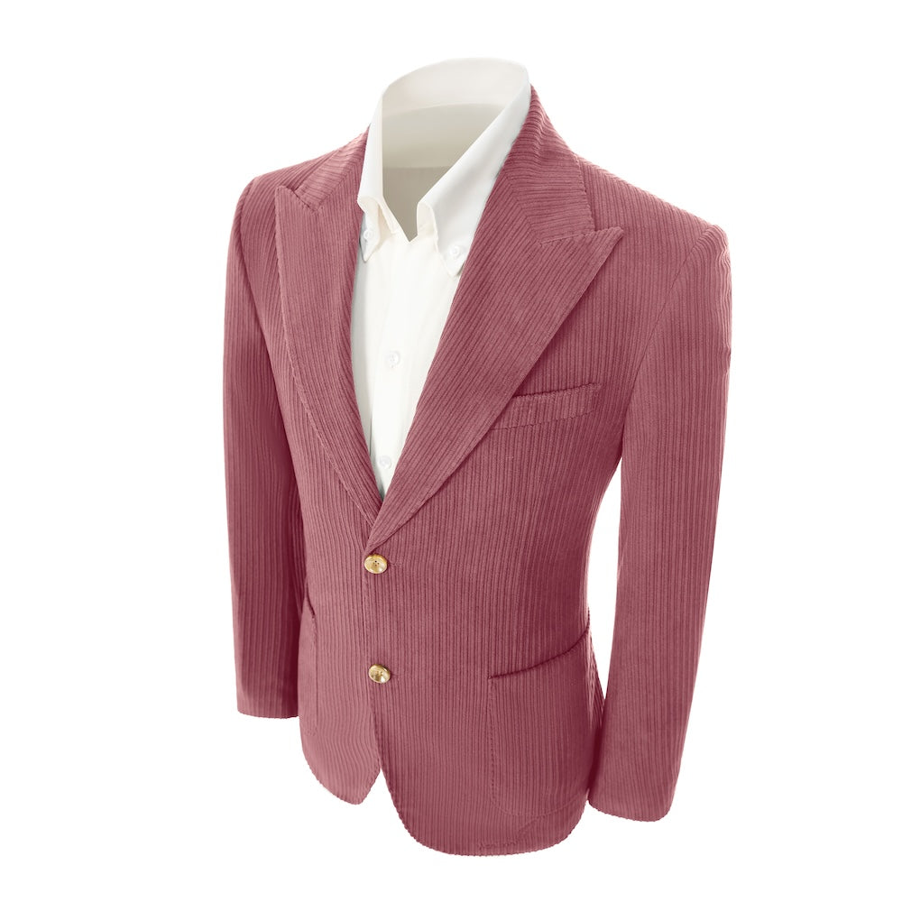 Left side of men's pink corduroy blazer – classic peak lapel and tailored fit