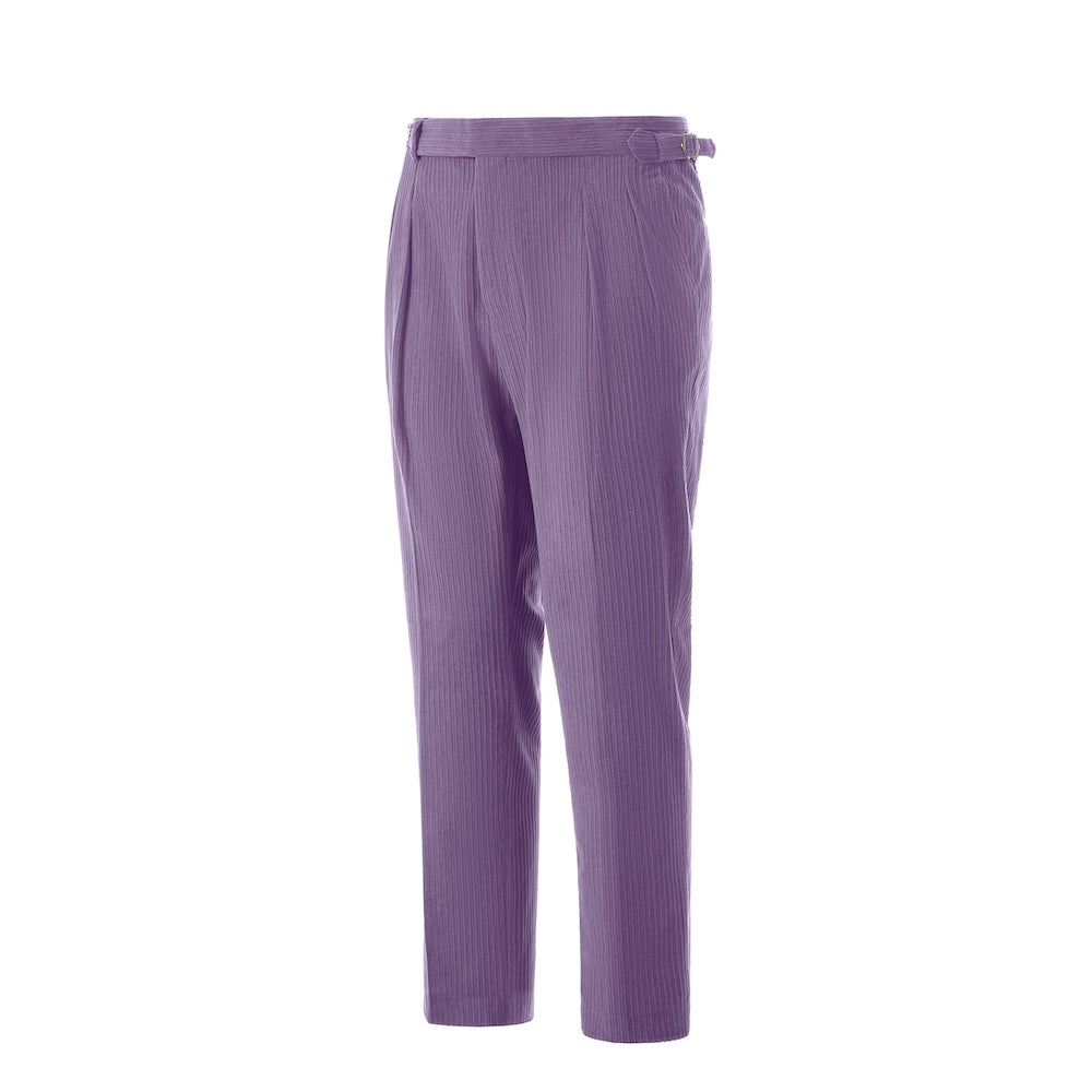 Side view of purple corduroy pants – tailored leg and winter style finish