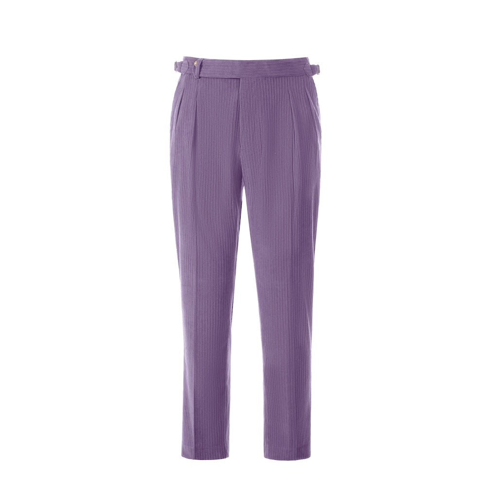 Front view of men's purple corduroy trousers – slim fit winter pants design