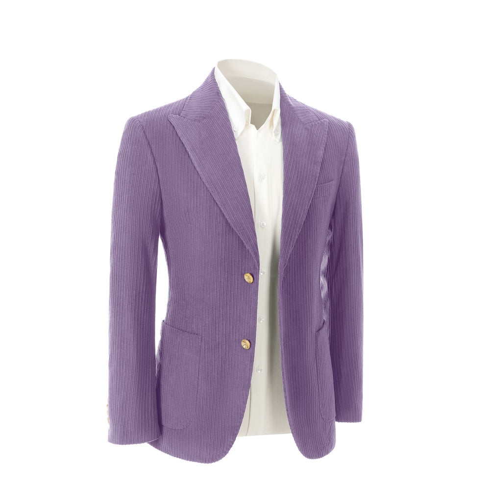 Right side view of purple corduroy blazer – winter 2 piece suit jacket style