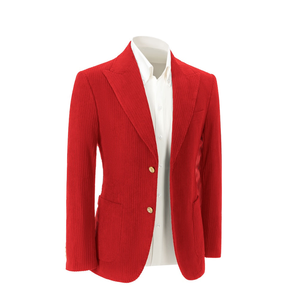 Right side view of red corduroy blazer – winter 2 piece suit jacket style