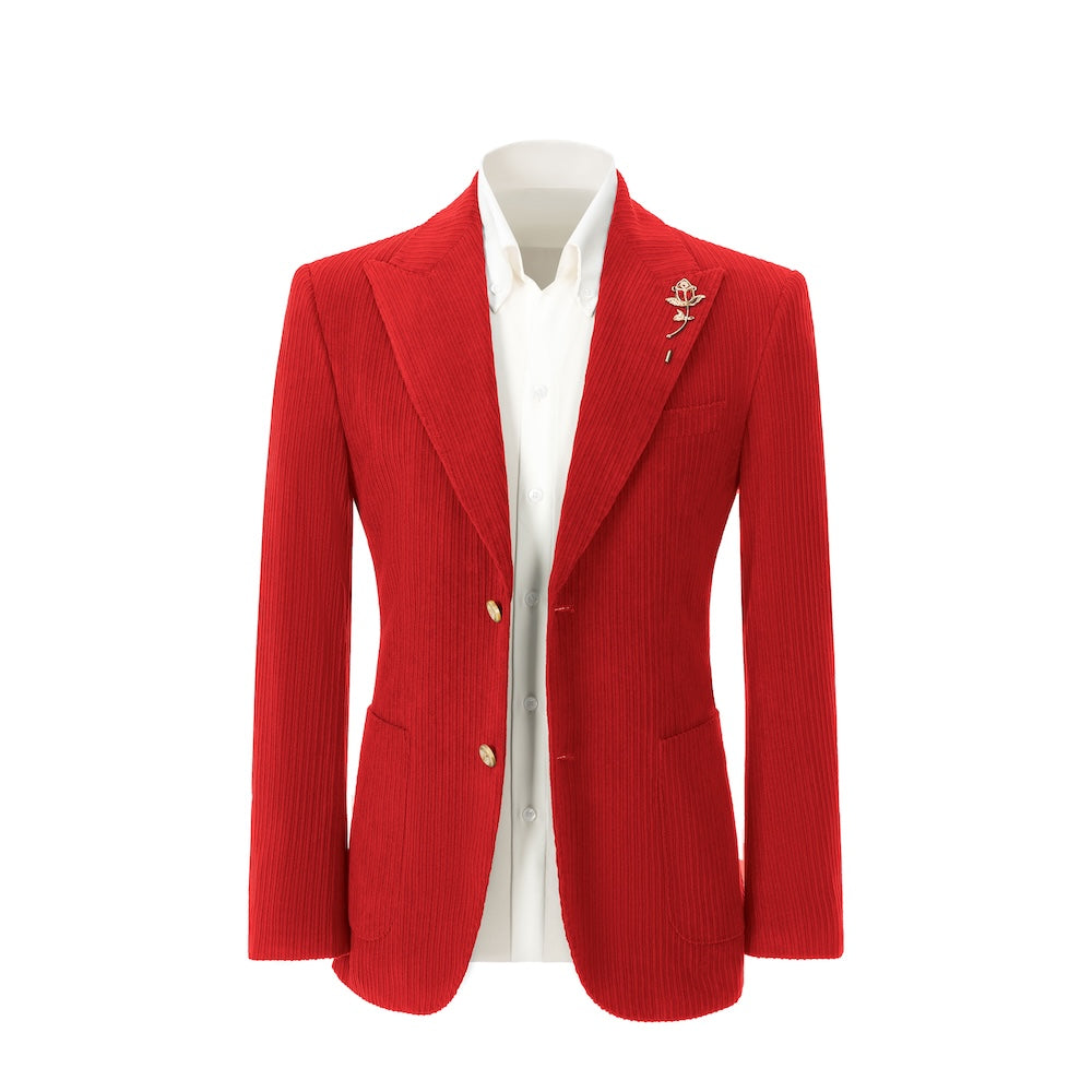 Men's red corduroy blazer front view – double breasted winter 2 piece suit