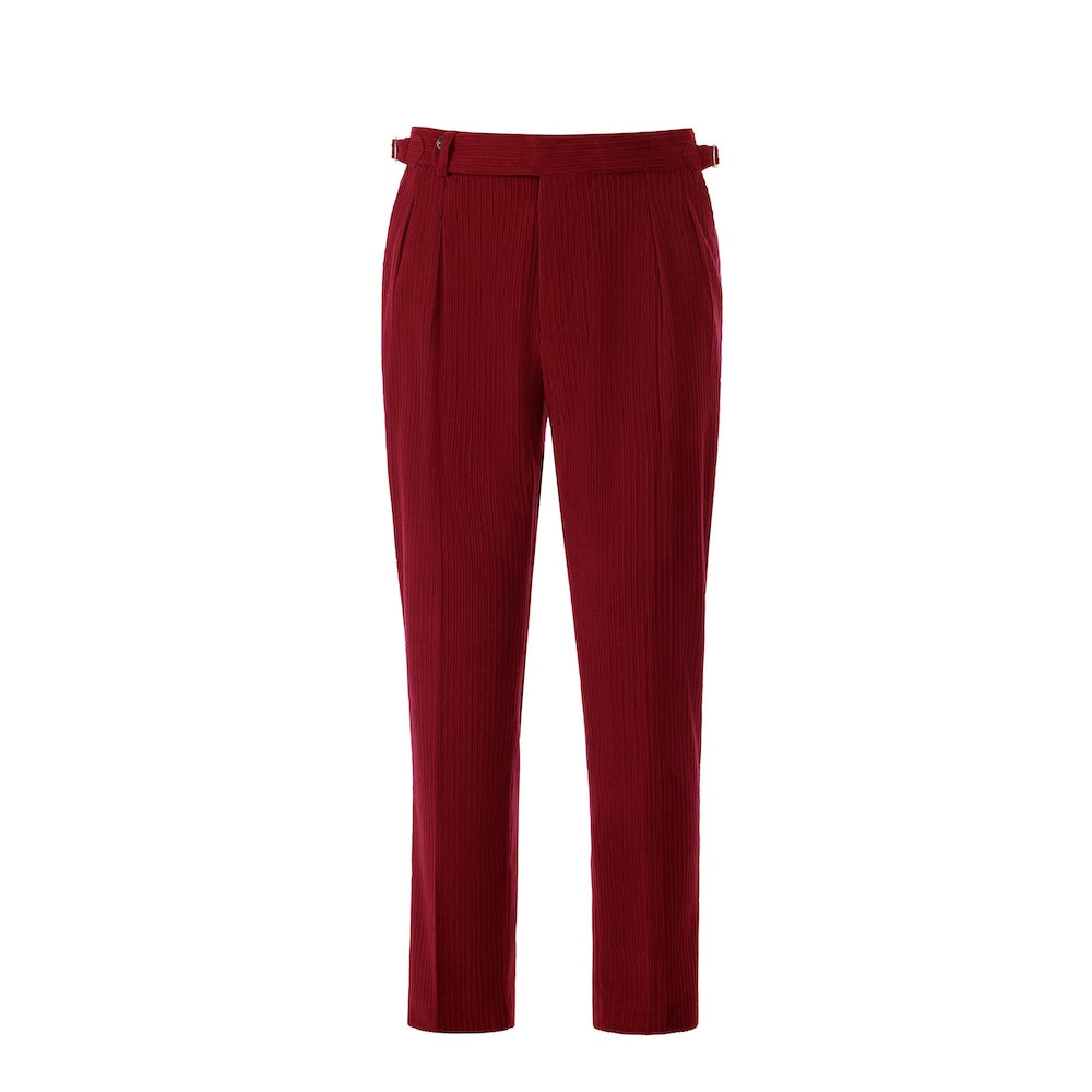 Front view of men's retro red corduroy trousers – slim fit winter pants design
