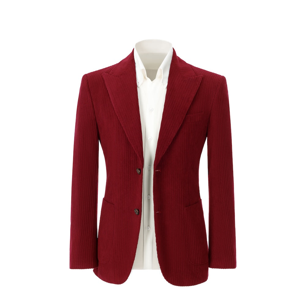 Men's retro red corduroy blazer front view – double breasted winter 2 piece suit