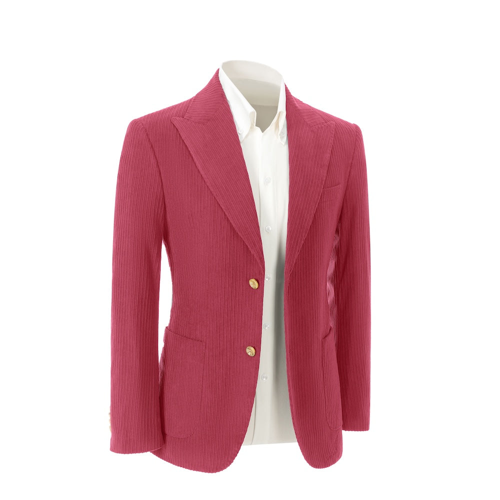 Right side view of rose red corduroy blazer – winter 2 piece suit jacket style