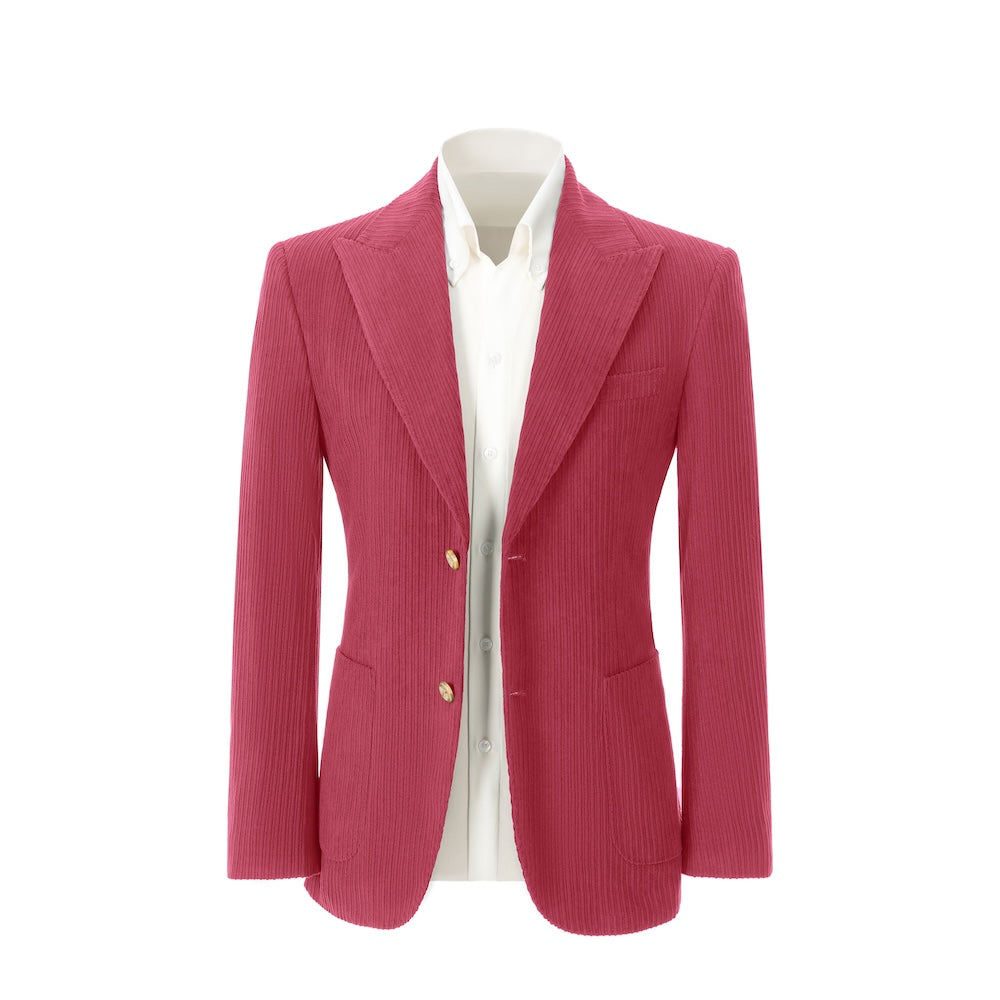 Men's rose red corduroy blazer front view – double breasted winter 2 piece suit