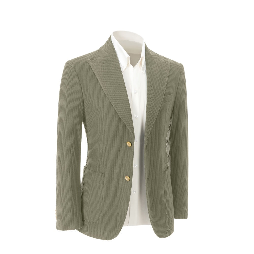 Right side view of sage green corduroy blazer – winter 2 piece suit jacket style
