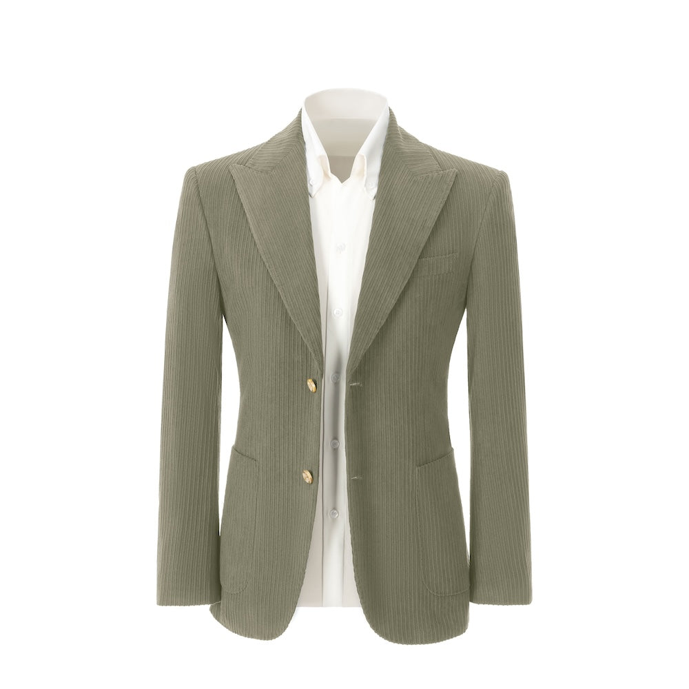 Men's sage green corduroy blazer front view – double breasted winter 2 piece suit